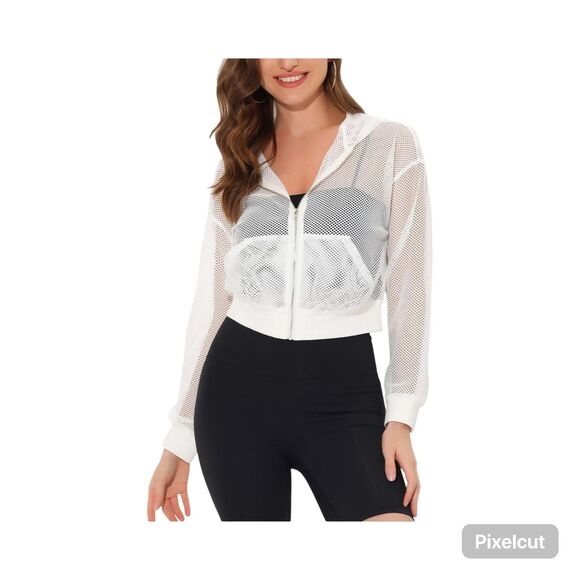 NWOT Size Large Allegra K Bomber White Mesh Design Bomber Jacket - Picture 2 of 10